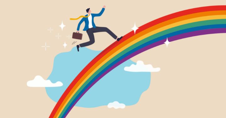 虹の上を疾走するビジネスマン